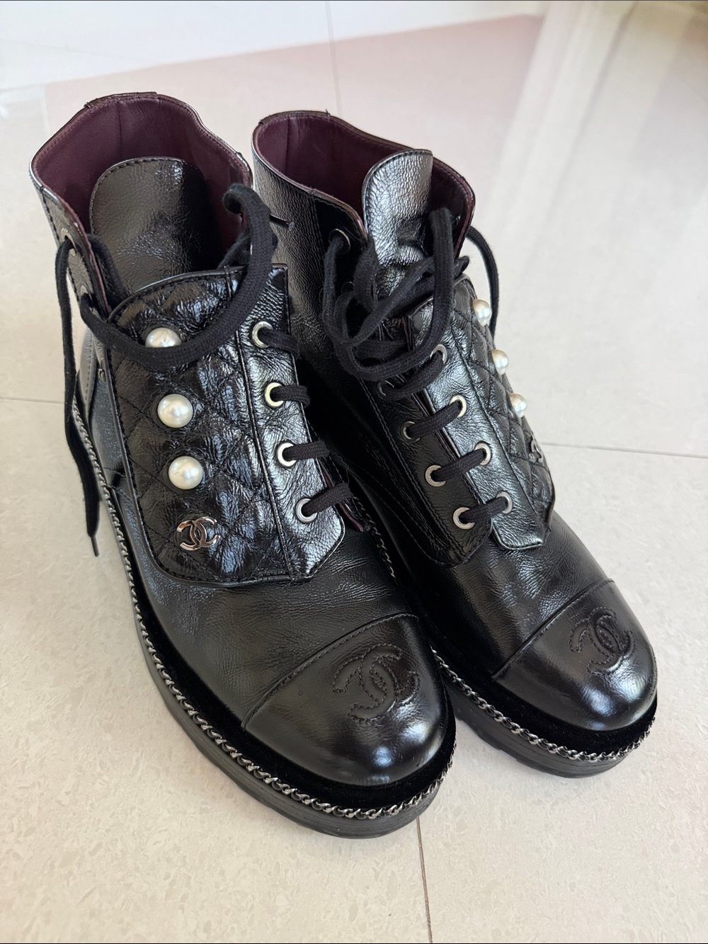CHANEL Black Quilted Pearl-Trim Lace-Up Boots